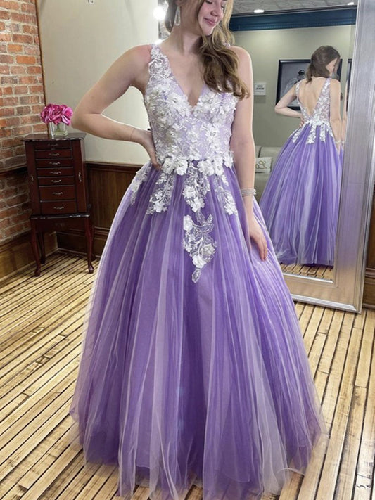Purple V Neck Lace Floral Prom Dress