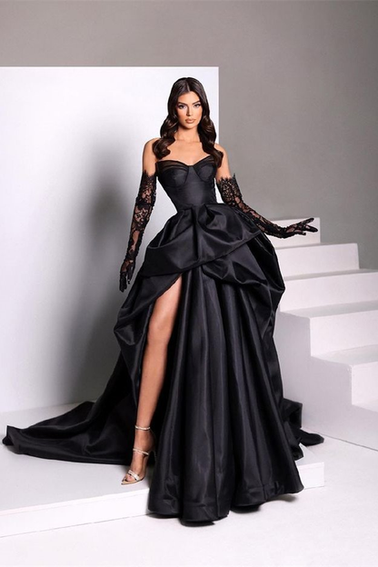 Black sexy taffeta slit long elegant ball gown evening dress