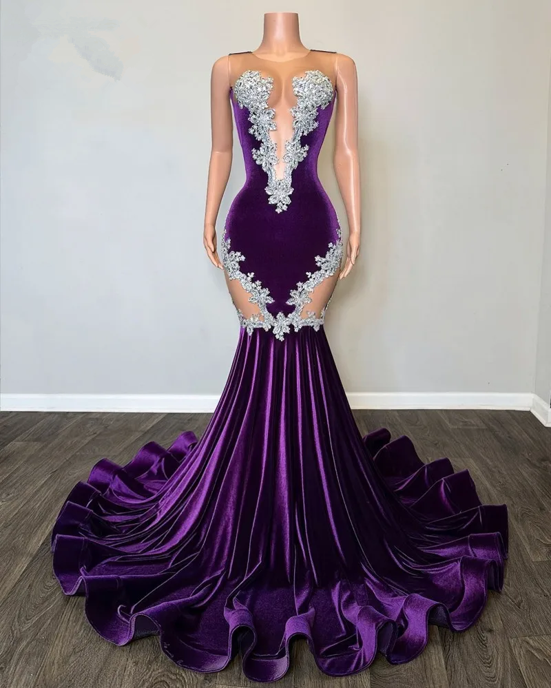 Purple Mermaid Evening Dress With Lace Elegant Fishtail Black Girls Prom Dress