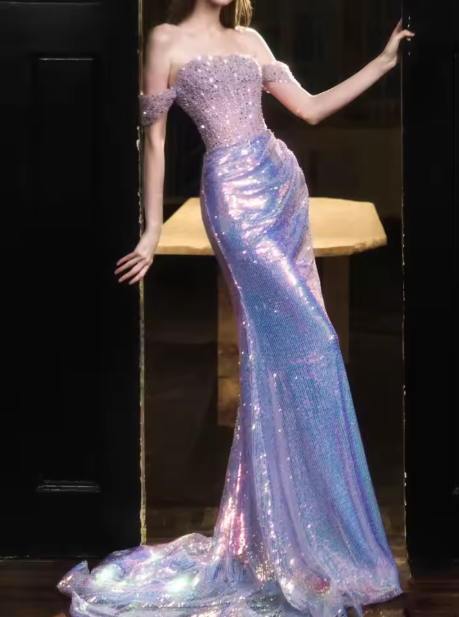 Glitter Off Shoulder Beaded Sequin Mermaid Prom Formal Evening Gown
