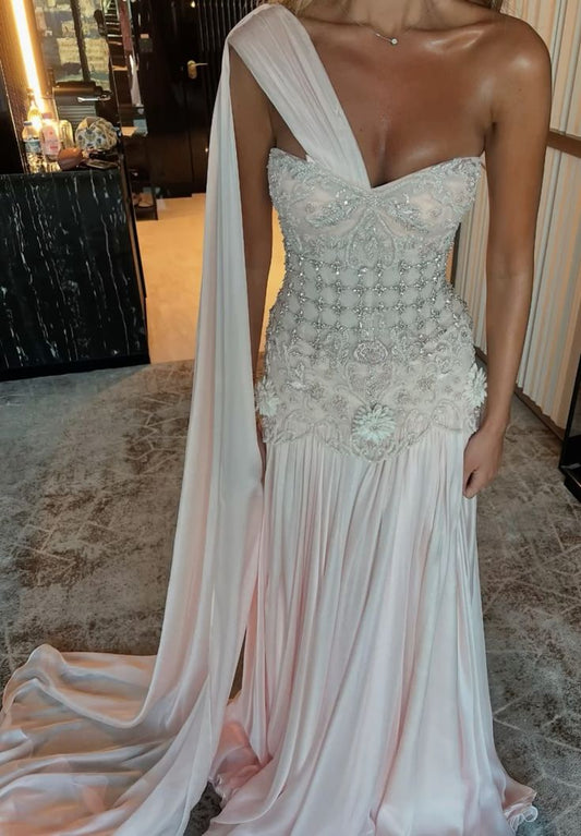 Exquisite Mermaid One Shoulder Pink Chiffon With Silver Beaded Prom Dress