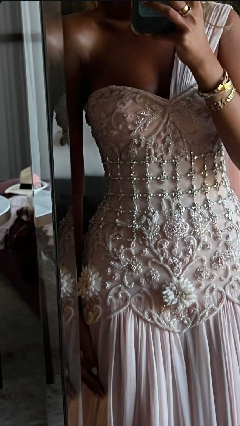Exquisite Mermaid One Shoulder Pink Chiffon With Silver Beaded Prom Dress
