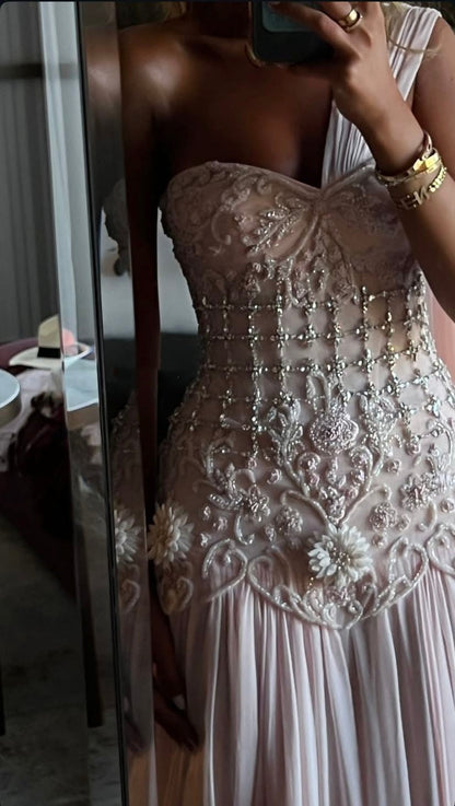 Exquisite Mermaid One Shoulder Pink Chiffon With Silver Beaded Prom Dress