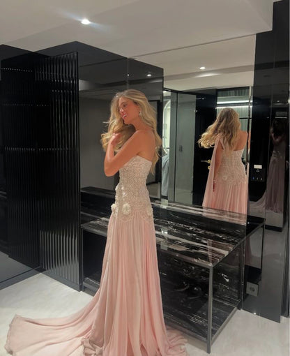 Exquisite Mermaid One Shoulder Pink Chiffon With Silver Beaded Prom Dress