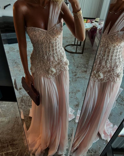 Exquisite Mermaid One Shoulder Pink Chiffon With Silver Beaded Prom Dress