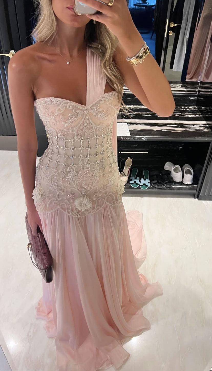 Exquisite Mermaid One Shoulder Pink Chiffon With Silver Beaded Prom Dress