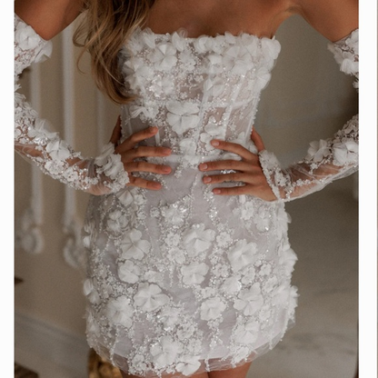 Classy Strapless Tulle Sequin Appliques Sheath Short Wedding Dress