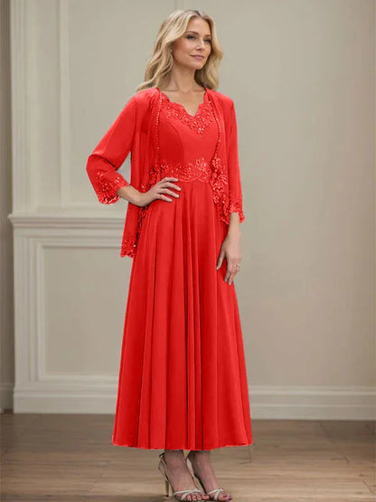 A-line V-Neck Ankle-Length Chiffon Mother of the Bride Dress