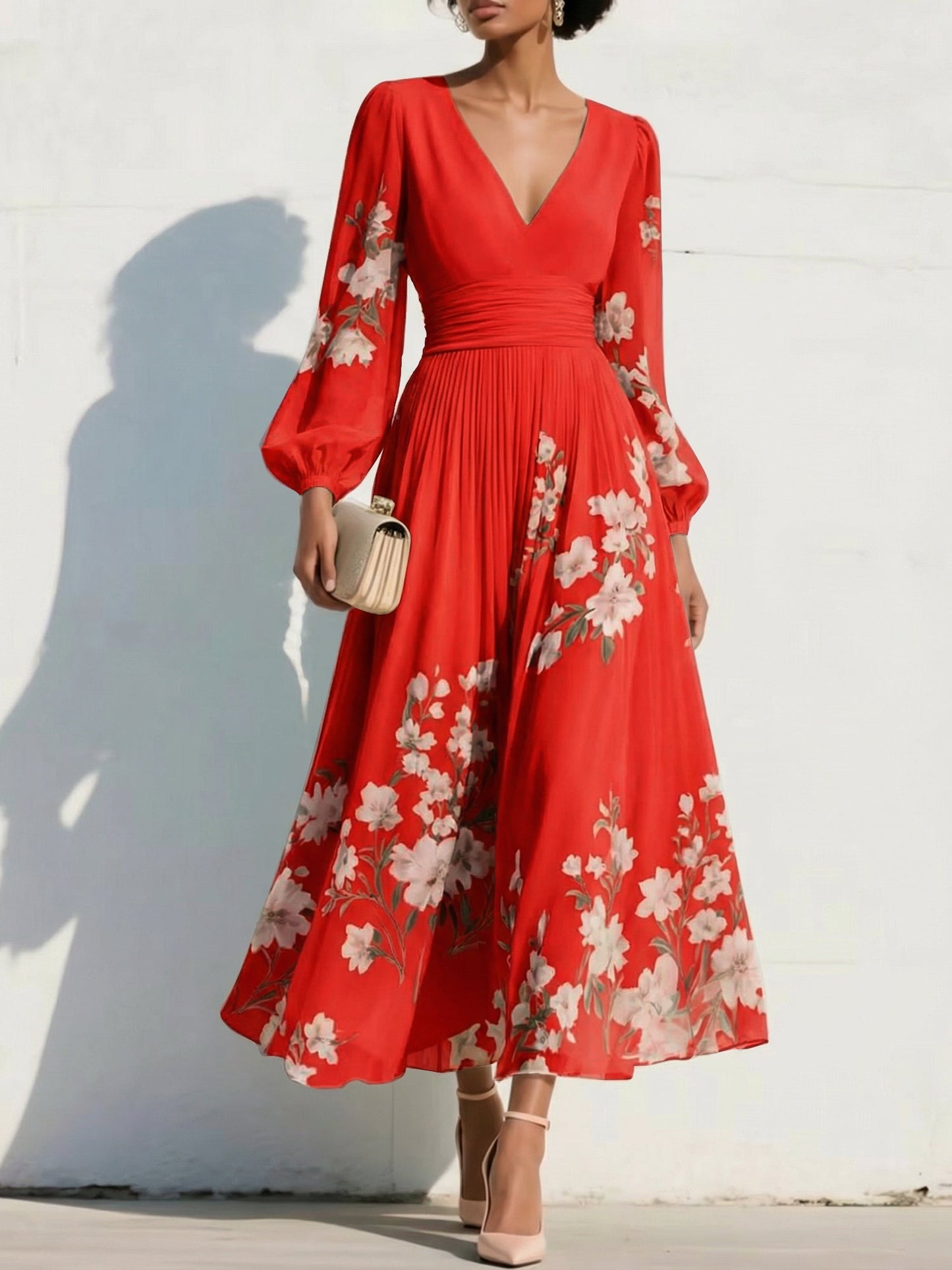 V-Neck Print-Chiffon Pleated Tea-Length Mother of the Bride Dress