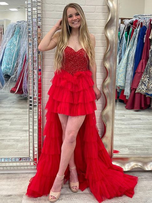 Red Beaded High Low Prom Dress