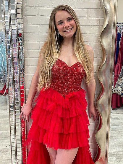 Red Beaded High Low Prom Dress