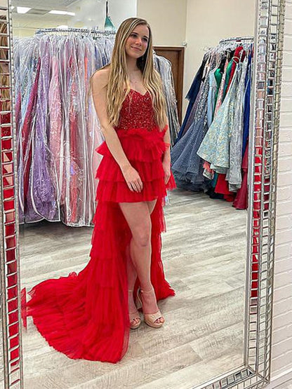 Red Beaded High Low Prom Dress