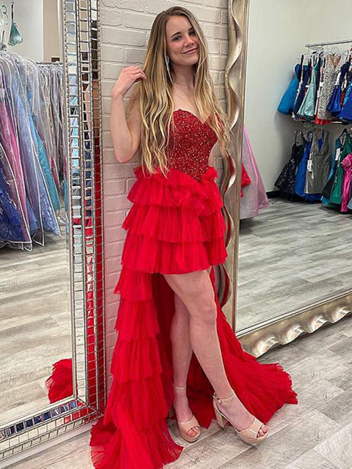 Red Beaded High Low Prom Dress