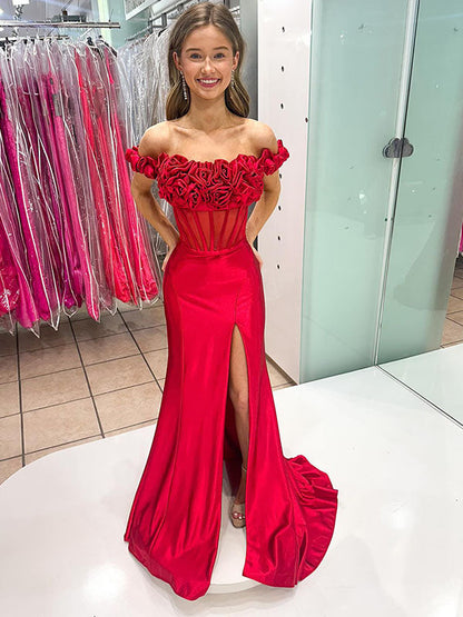 Red Off-the-Shoulder 3D Rosette Corset Bodice Satin Prom Dress