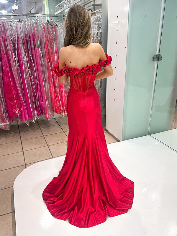 Red Off-the-Shoulder 3D Rosette Corset Bodice Satin Prom Dress