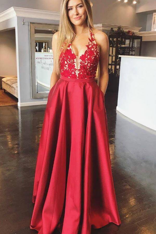 Red Satin A Line Halter Lace Appliques Long Prom Dress