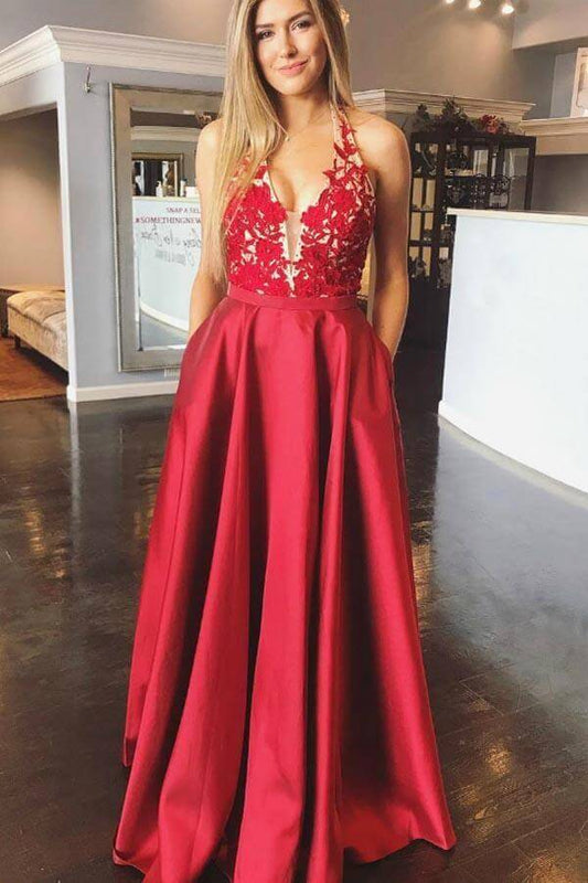 Red Satin A Line Halter Lace Appliques Long Prom Dress