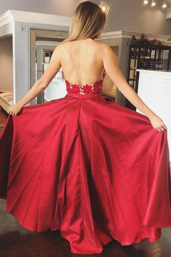 Red Satin A Line Halter Lace Appliques Long Prom Dress