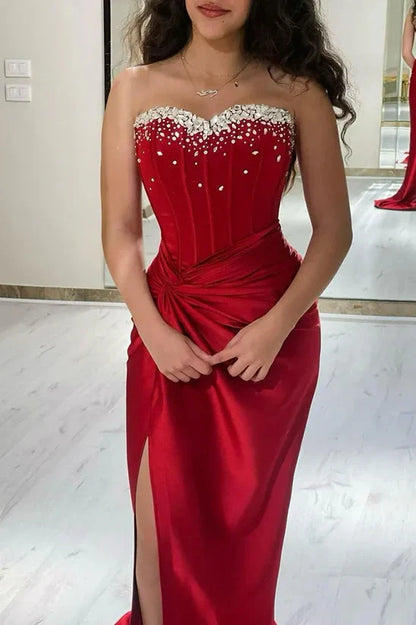 Red Satin Ruched Empire Beaded Strapless Mermaid Party Prom Dress