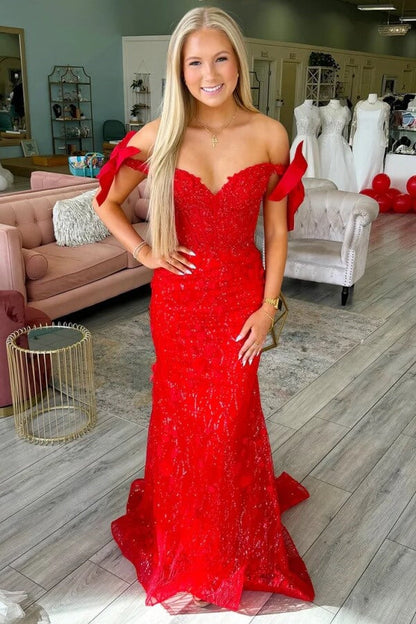 Red Sequins Mermaid Off the Shoulder Long Prom Dress