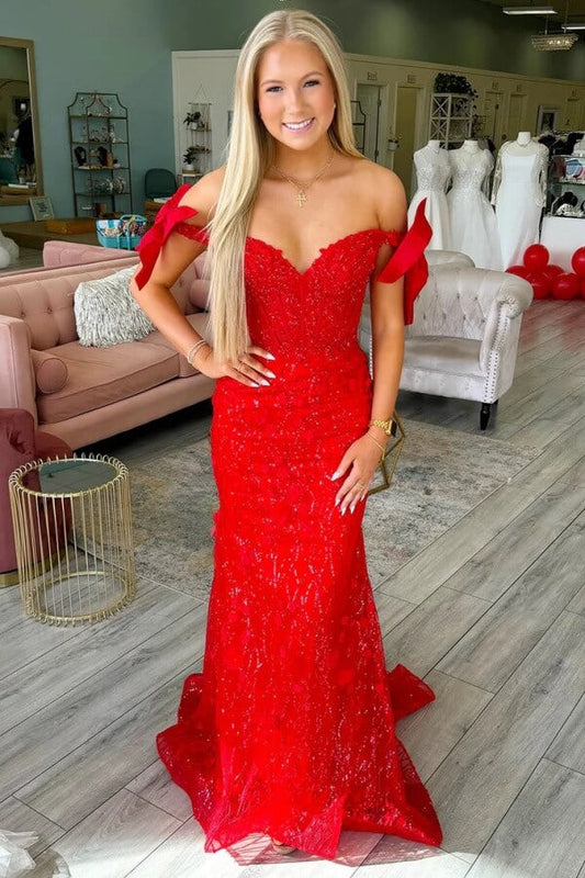 Red Sequins Mermaid Off the Shoulder Long Prom Dress