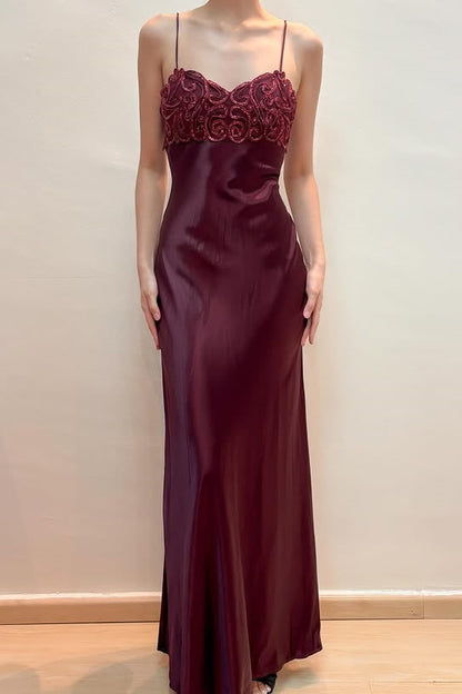 Red Spaghetti Straps Satin Lace Appliques Party Prom Dress