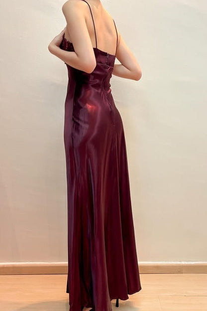 Red Spaghetti Straps Satin Lace Appliques Party Prom Dress