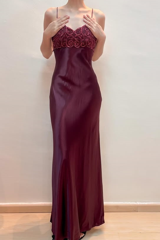 Red Spaghetti Straps Satin Lace Appliques Party Prom Dress