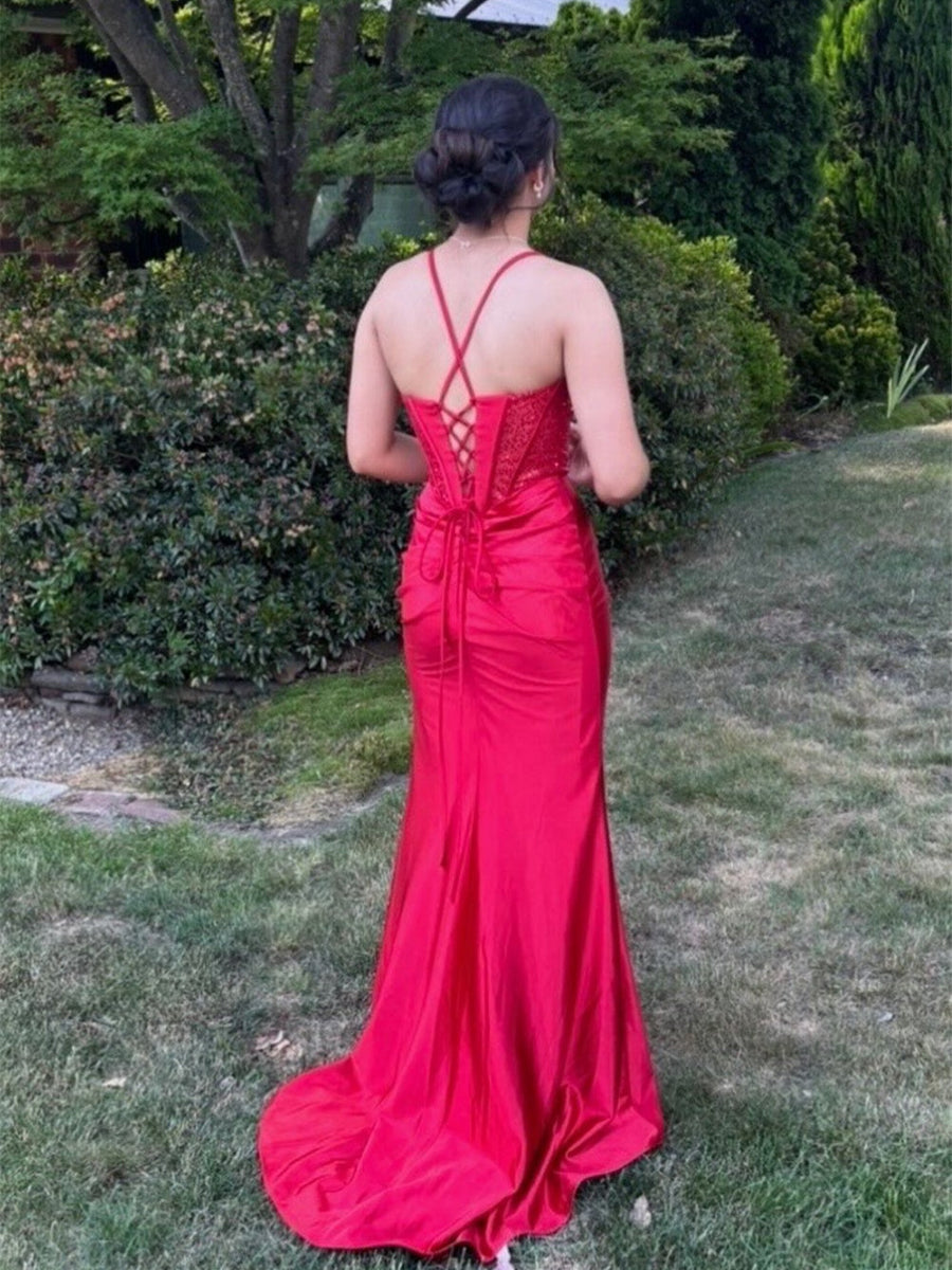 Red Spaghetti Straps Satin Long Corset Prom Dress with Slit