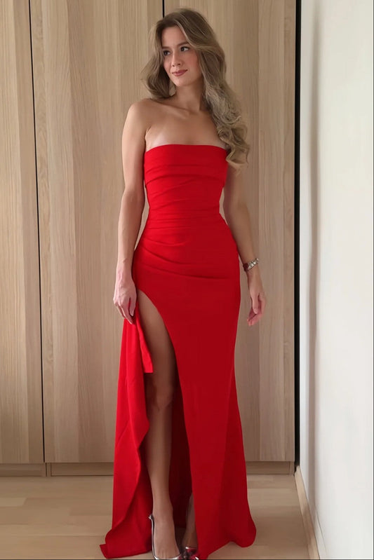 Red Strapless Ruched Strapless Long Mermaid Prom Dress