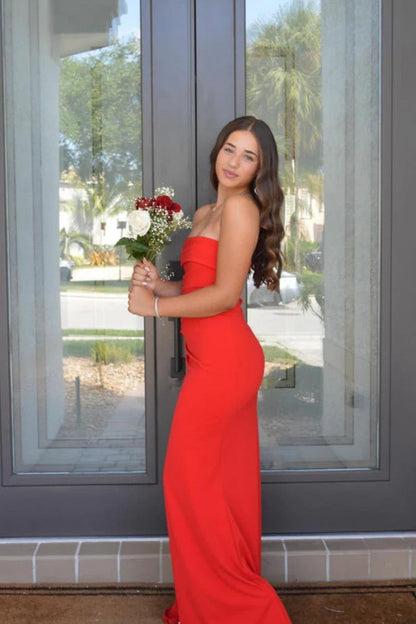 Red Strapless Ruched Strapless Long Mermaid Prom Dress