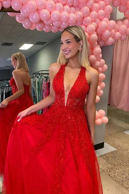 Red Tulle A Line V Neck Beaded Long Prom Dresses With Lace