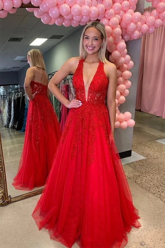 Red Tulle A Line V Neck Beaded Long Prom Dresses With Lace