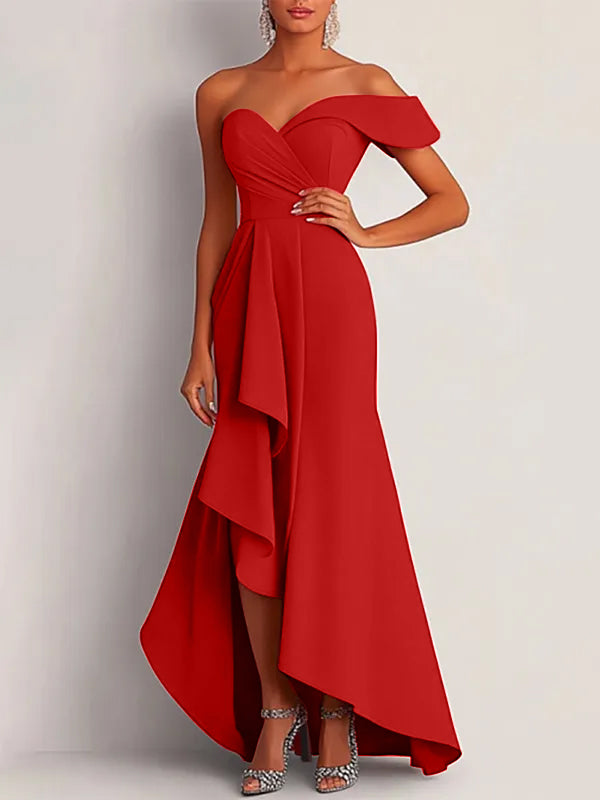 Formal Dress Red One-Shoulder Asymmetrical Floor-Length Gown