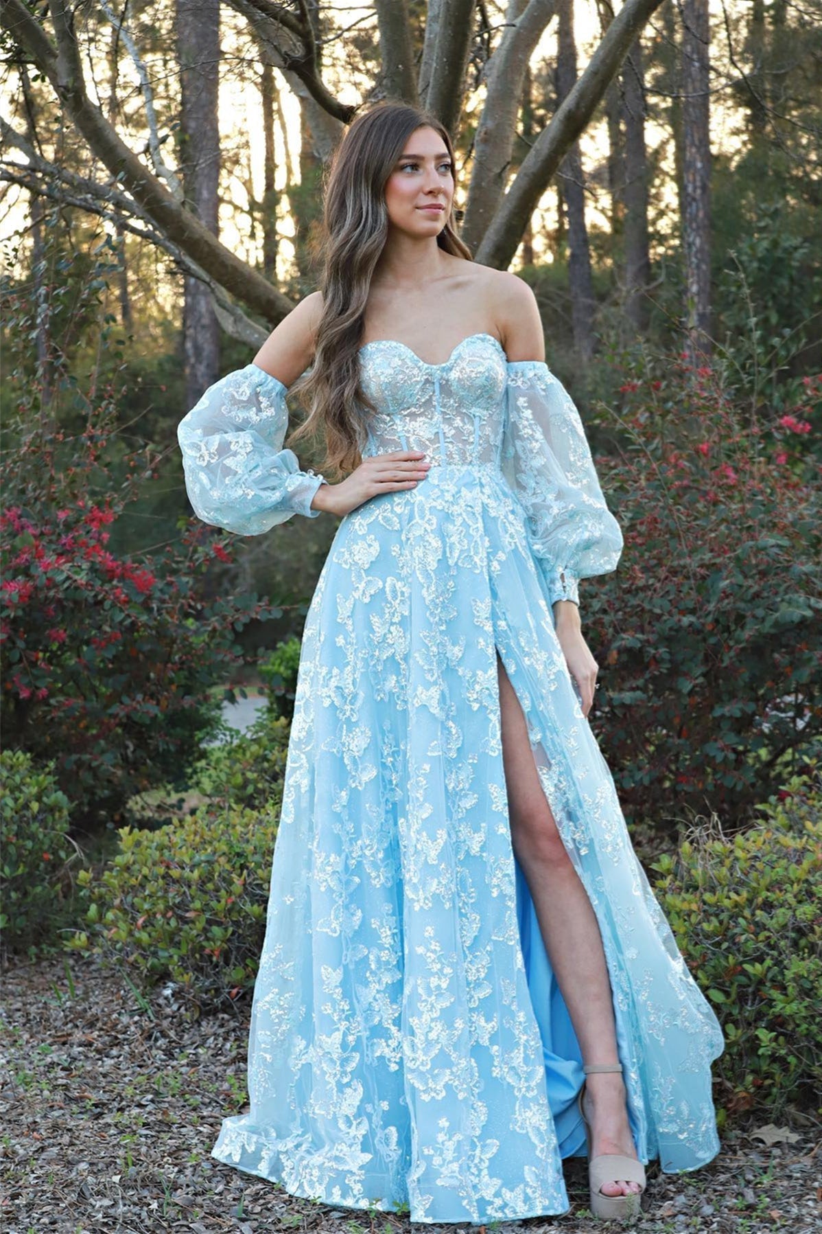 Removable Sleeves Blue Appliques Long Dress with Slit