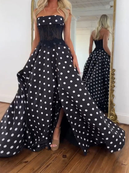 Chic Black and White Polka Dot Strapless Corset Prom Dress