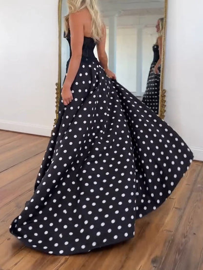 Chic Black and White Polka Dot Strapless Corset Prom Dress