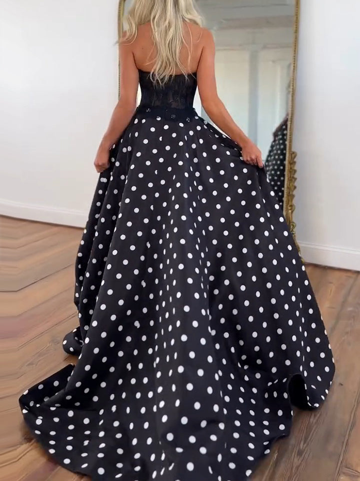 Chic Black and White Polka Dot Strapless Corset Prom Dress