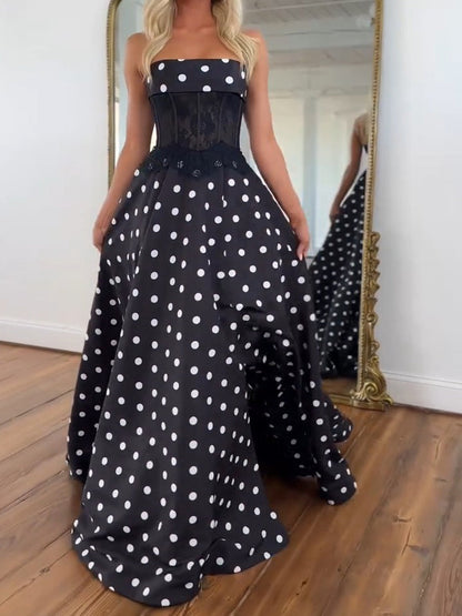Chic Black and White Polka Dot Strapless Corset Prom Dress