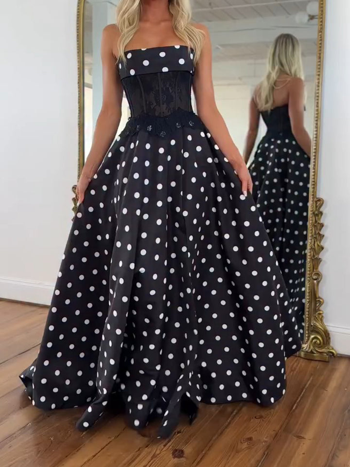 Chic Black and White Polka Dot Strapless Corset Prom Dress