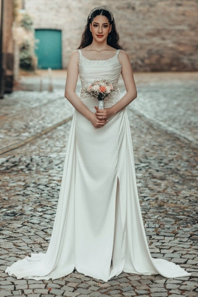 Romantic A-Line Spaghetti Strap Square Sleeveless Satin Wedding Dress