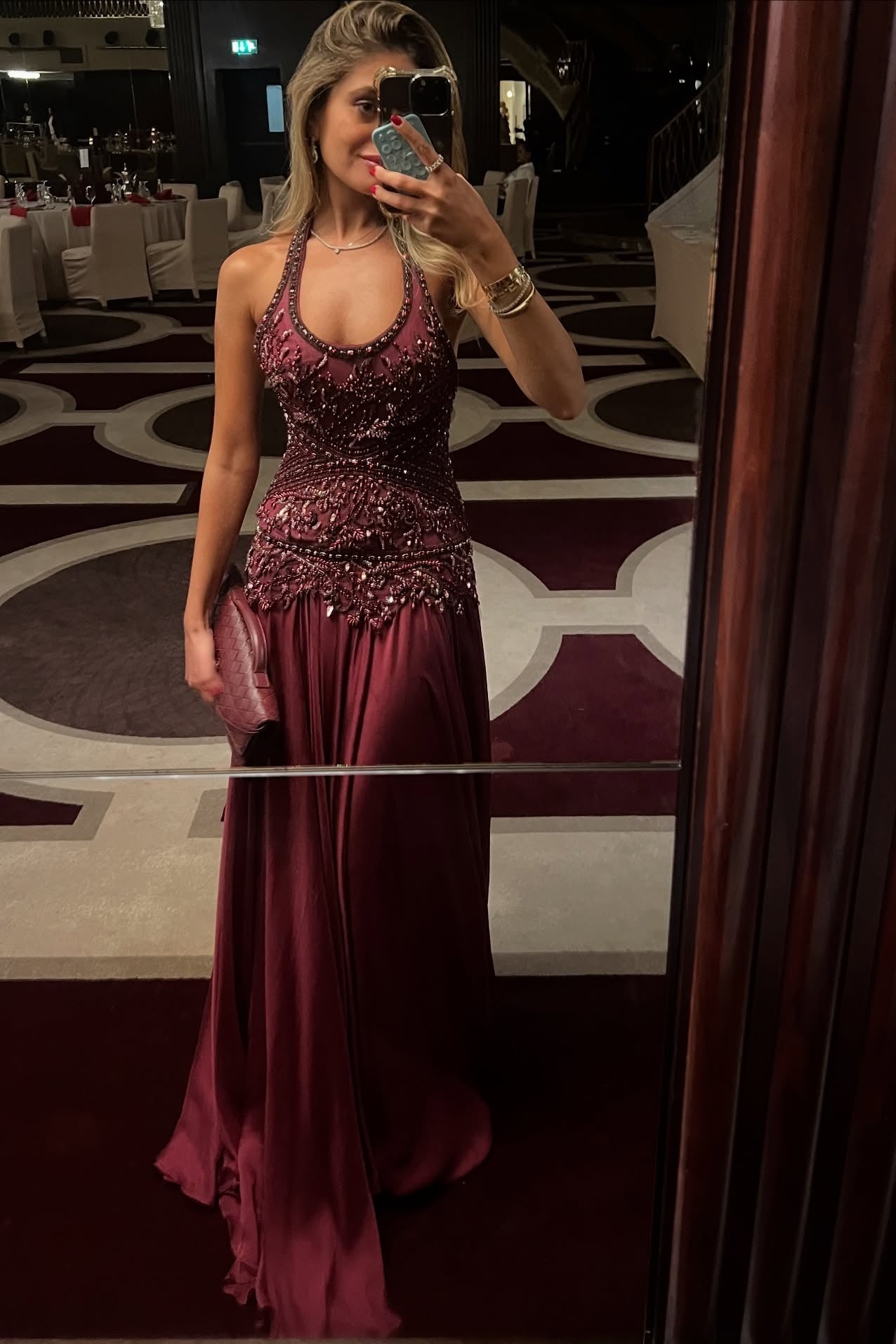Gorgeous A Line Halter Neck Burgundy Long Party Dress