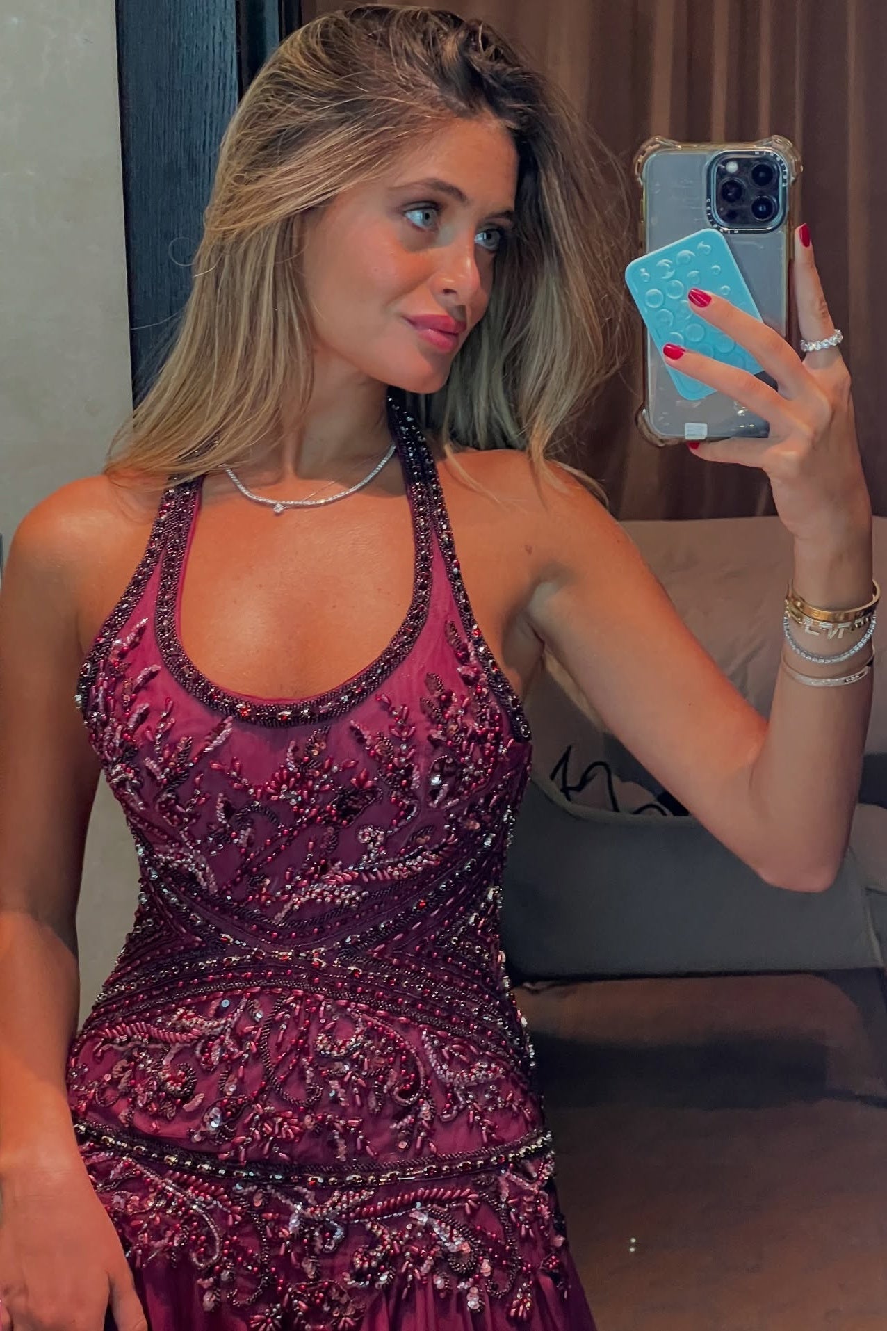 Gorgeous A Line Halter Neck Burgundy Long Party Dress