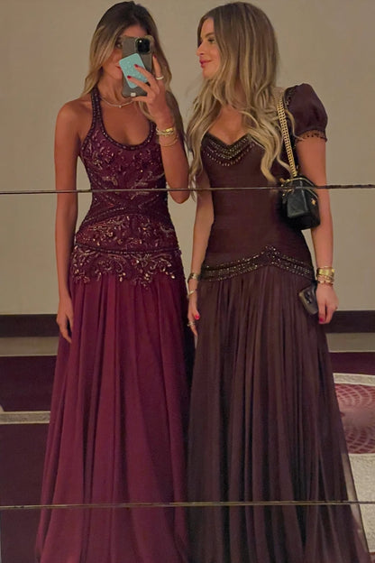 Gorgeous A Line Halter Neck Burgundy Long Party Dress