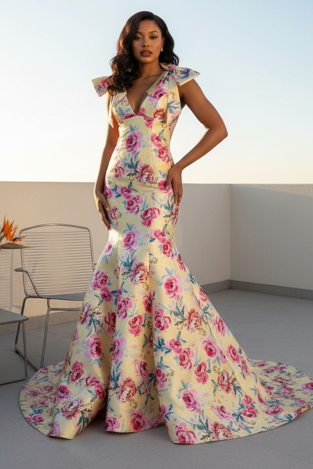Romantic Bloom Mermaid Prom Dress with Bow Shoulders & Open Back