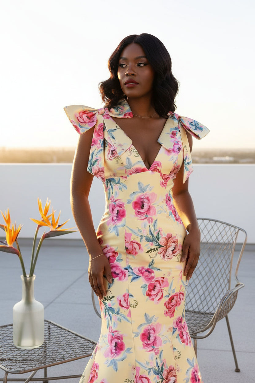 Romantic Bloom Mermaid Prom Dress with Bow Shoulders & Open Back