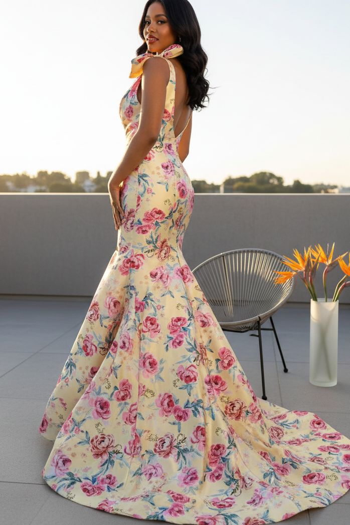 Romantic Bloom Mermaid Prom Dress with Bow Shoulders & Open Back