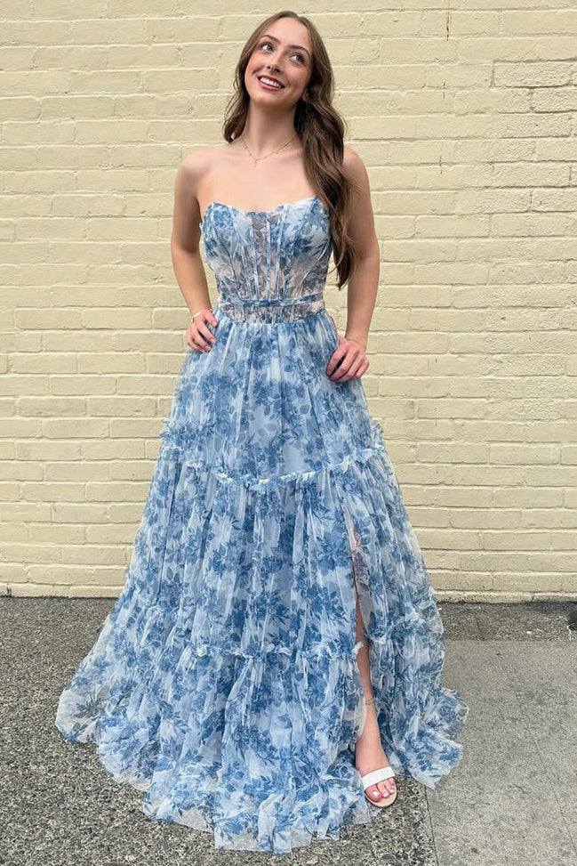 Romantic Blue Floral Strapless Tiered Corset Prom Dress