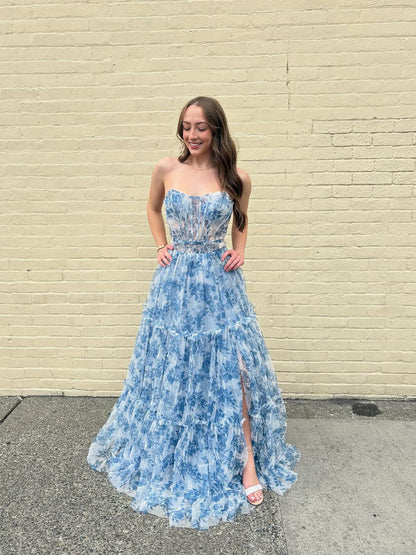 Romantic Blue Floral Strapless Tiered Corset Prom Dress