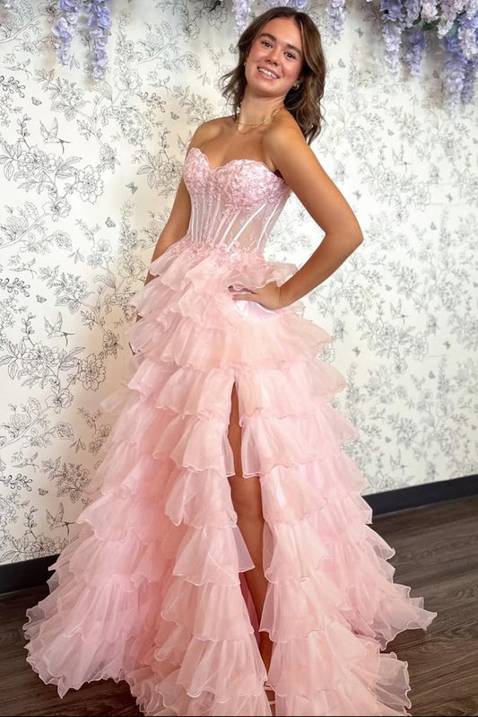 Romantic Blush Pink Sweetheart Corset Tiered Tulle Prom Gown